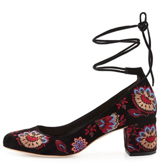 Loeffler Randall Clara Embroidered Suede Ankle-Tie Pumps Black Floral Women 6.5B - Picture 1 of 6